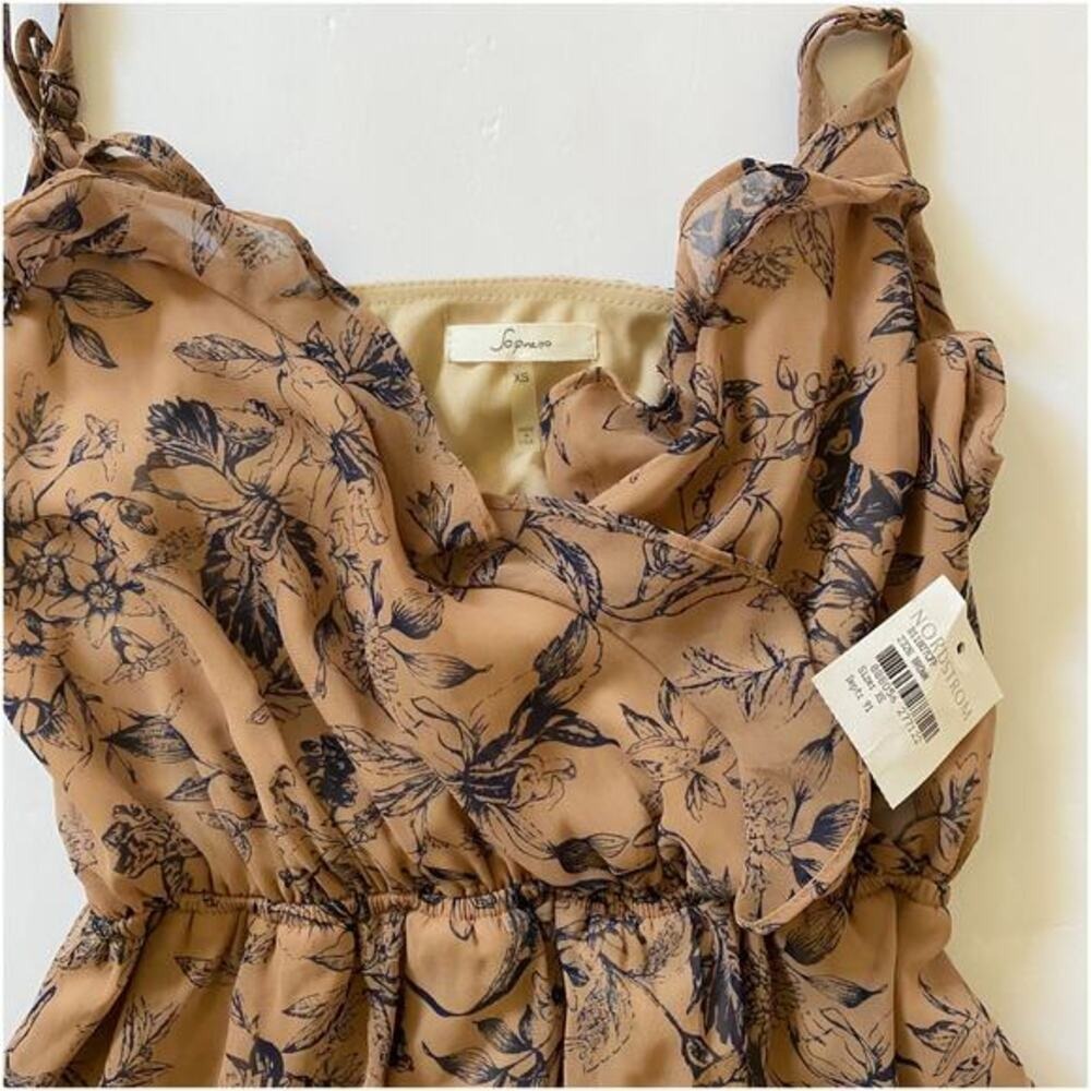 Nordstrom Soprano Brown Tan w/Navy Flowers Sheer Ruffled Flowy Dress XS NWT - Picture 5 of 10